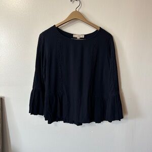 LOFT Navy Blue Peasant Long Bell Sleeves Crochet Accents Ruffle Size Large